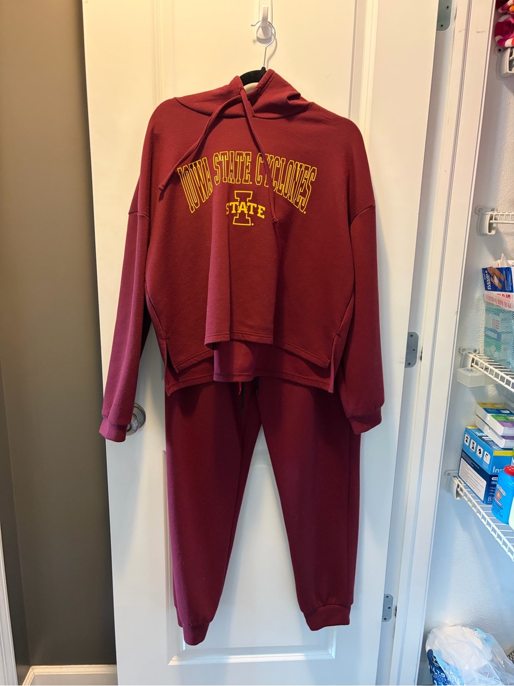 Iowa State Cyclones Two Piece Maroon Hooded Cropped Sweatshirt & Pant
